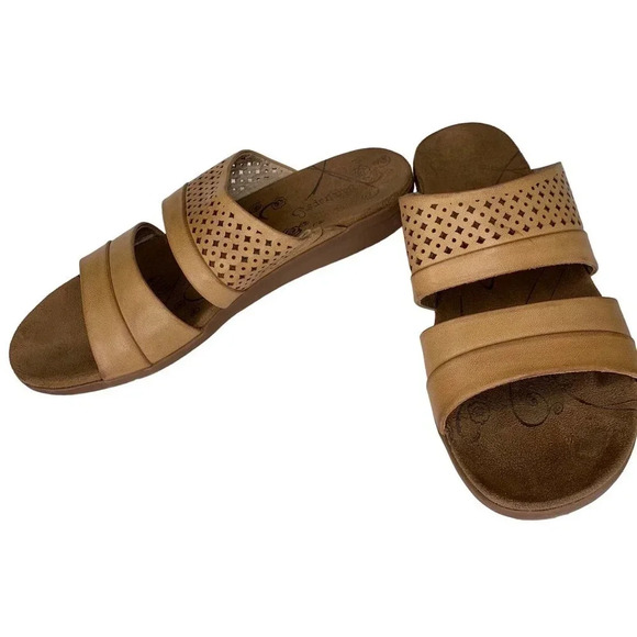 BareTraps Jimina Leather Slip On Slide Open Toe Flat Sandals Tan Women Size 8.5M - Picture 1 of 13